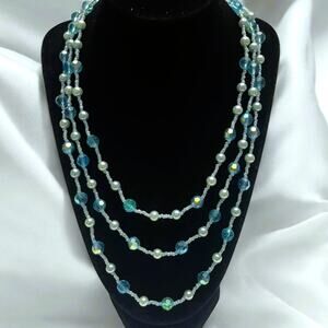 Vintage EsMor Multi-Strand Layered Turquoise Crystal, Glass, Faux Pearl Necklace